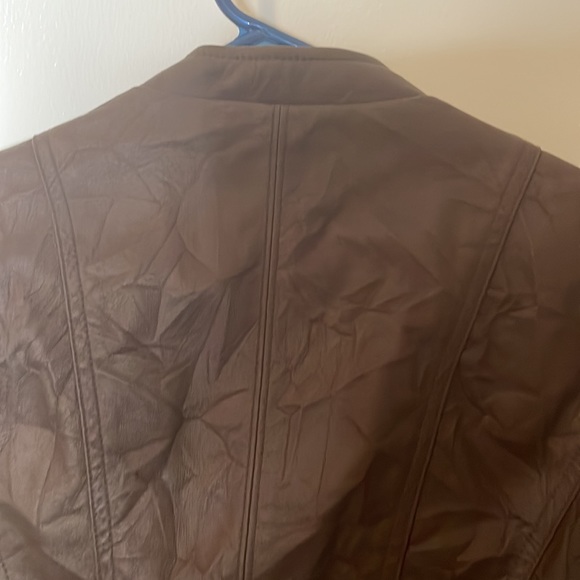 Ladies brown pleather jacket, size S. Zip front, brass and ruffle trim - Picture 4 of 8